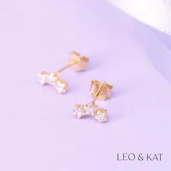 Tri Zircon Stars Gold Stud Earrings. 925 Sterling Silver. #1034 - Picture 3 of 4